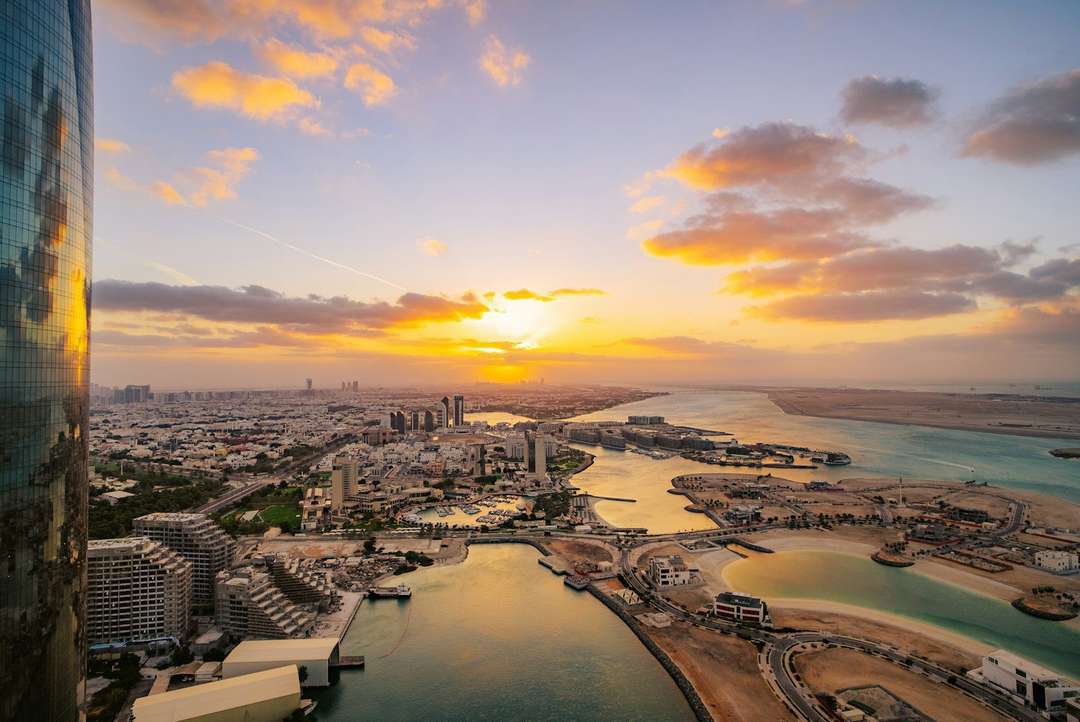 Abu Dhabi islands at sunset seen from the air