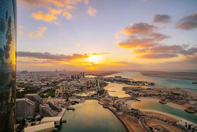 Abu Dhabi islands at sunset seen from the air