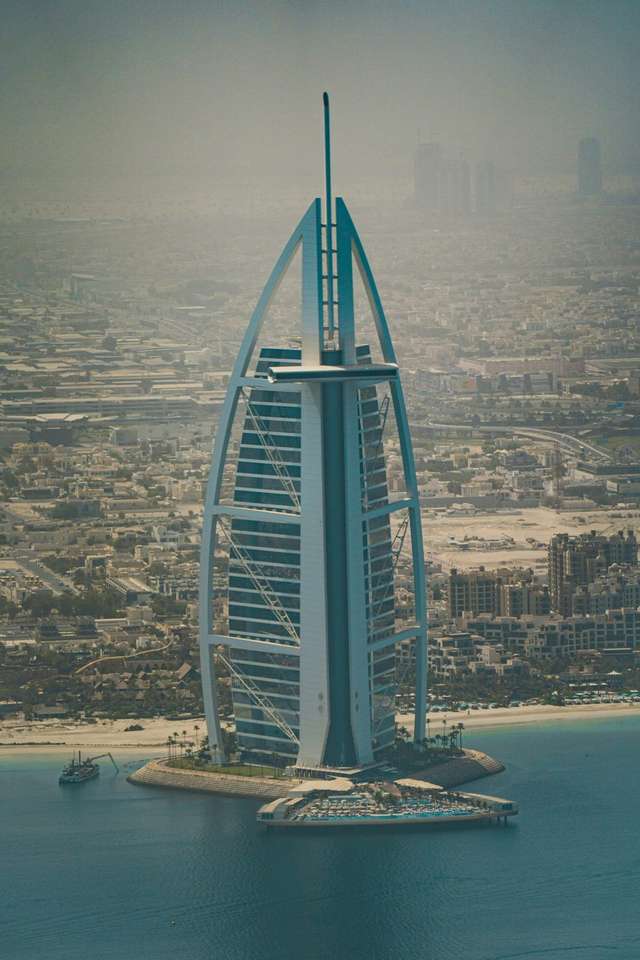 Burj Al Arab and the Jumeirah coastline seen from a helicopter