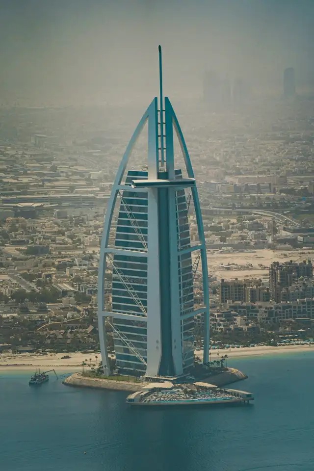Burj Al Arab and the Jumeirah coastline seen from a helicopter