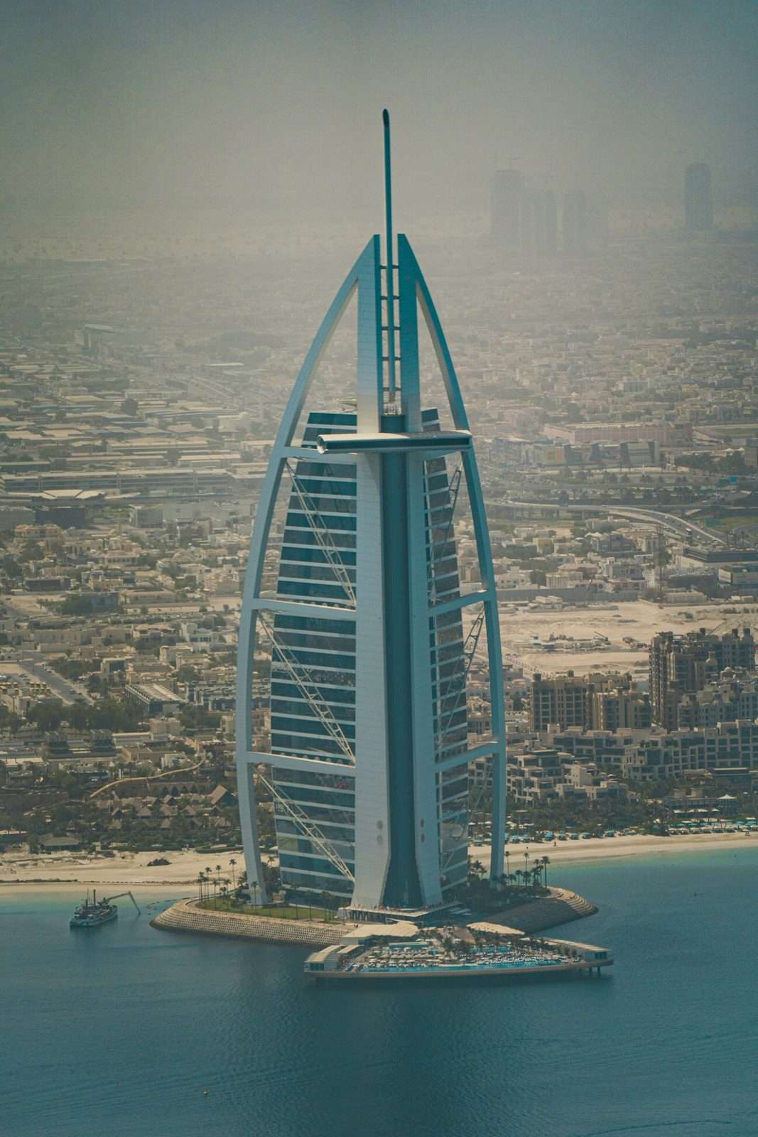 Burj Al Arab and the Jumeirah coastline seen from a helicopter