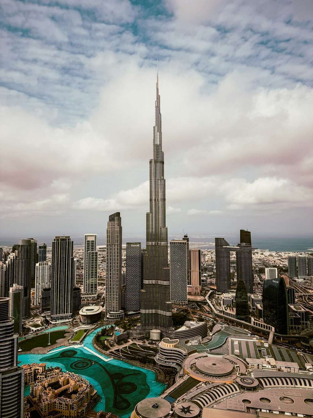Burj Khalifa and Downtown Dubai seen from a helicopter