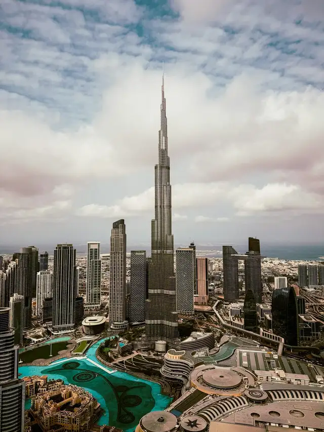 Burj Khalifa and Downtown Dubai seen from a helicopter