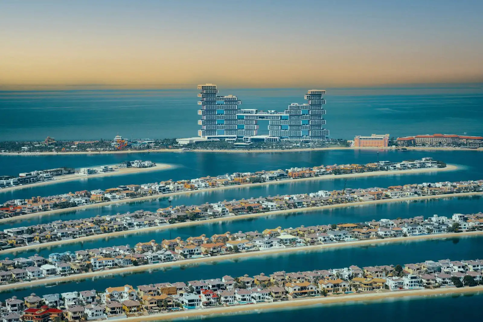 Atlantis The Royal and Palm Jumeirah seen from a helicopter