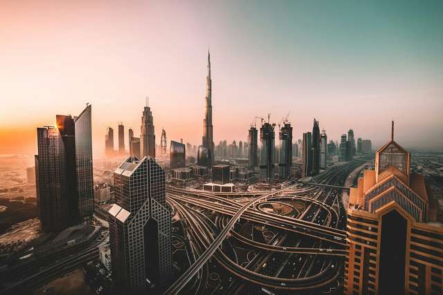 Dubai skyline at sunset from the air