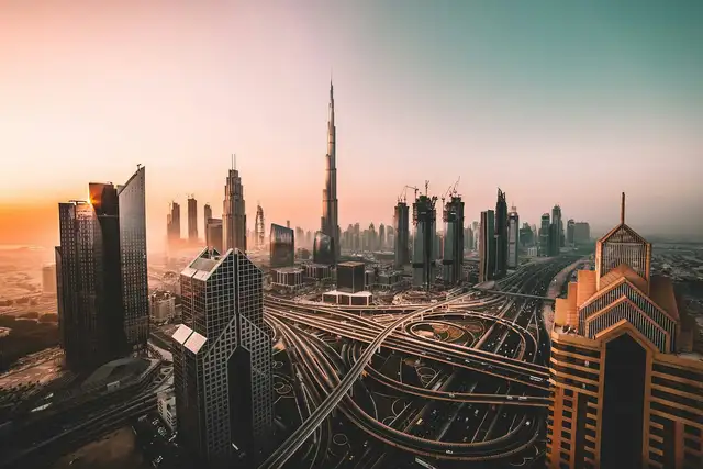 Dubai skyline at sunset from the air